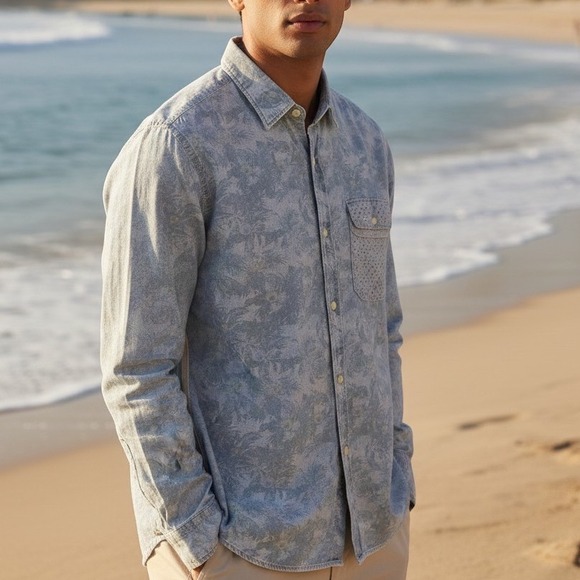 Koike Barcelona Other - Koike‎ Barcelona Mens Blue Tropical Cotton Button Down Surf shirt L Denim